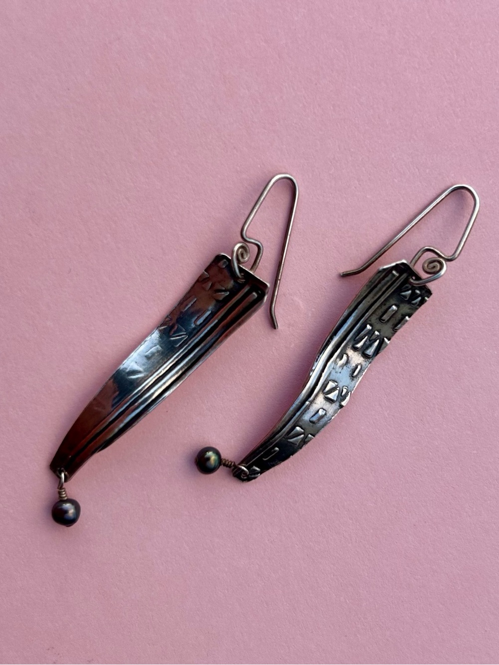 Handmade Vintage Artisan Sterling Silver Sculptural Dangle Earrings with bead